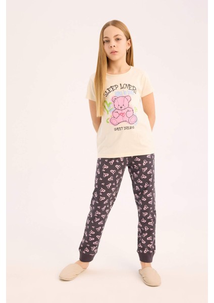 Kız Çocuk Pijama Takımı Bisiklet Yaka Baskılı Kısa Kollu Üst Beli Lastikli Desenli Alt E0538A825SM