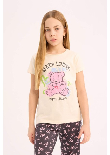 Kız Çocuk Pijama Takımı Bisiklet Yaka Baskılı Kısa Kollu Üst Beli Lastikli Desenli Alt E0538A825SM