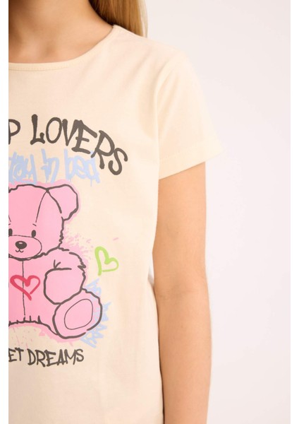 Kız Çocuk Pijama Takımı Bisiklet Yaka Baskılı Kısa Kollu Üst Beli Lastikli Desenli Alt E0538A825SM