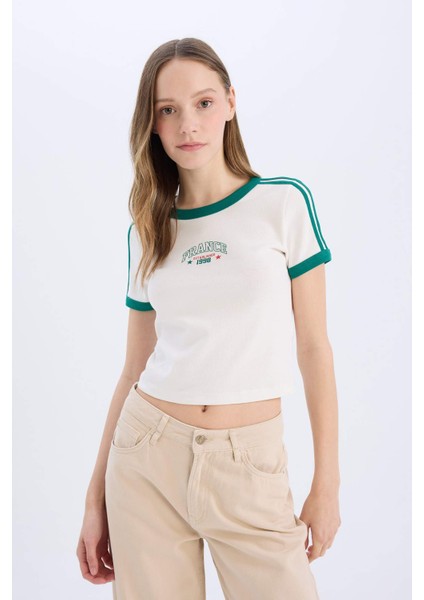 Fitted Baskılı Ribana Kısa Kollu Tişört E0333AX25SM