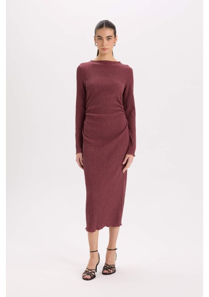 Bodycon Vücudu Saran Yarım Balıkçı Yaka Basic Düz Bürümcük Uzun Kollu Midi Bordo Elbise D8643AX24AU
