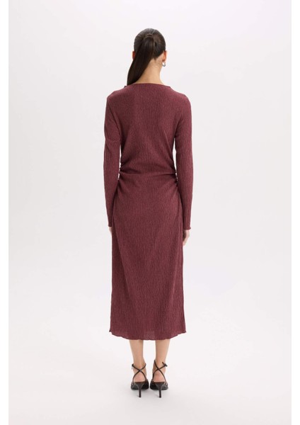 Bodycon Vücudu Saran Yarım Balıkçı Yaka Basic Düz Bürümcük Uzun Kollu Midi Bordo Elbise D8643AX24AU