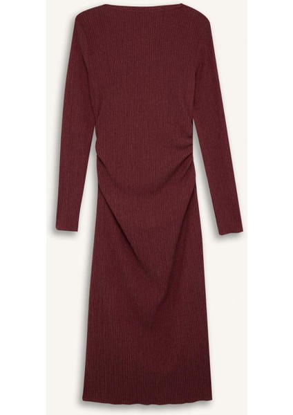Bodycon Vücudu Saran Yarım Balıkçı Yaka Basic Düz Bürümcük Uzun Kollu Midi Bordo Elbise D8643AX24AU