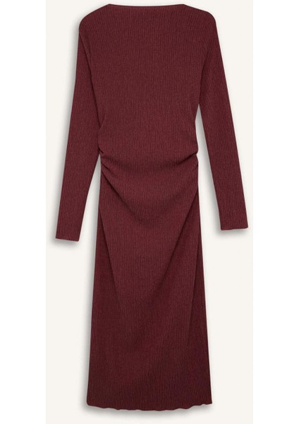 Bodycon Vücudu Saran Yarım Balıkçı Yaka Basic Düz Bürümcük Uzun Kollu Midi Bordo Elbise D8643AX24AU