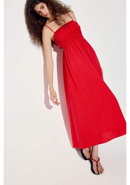 Keten Görünümlü Askılı Kırmızı Maxi Elbise C9236AX25HS