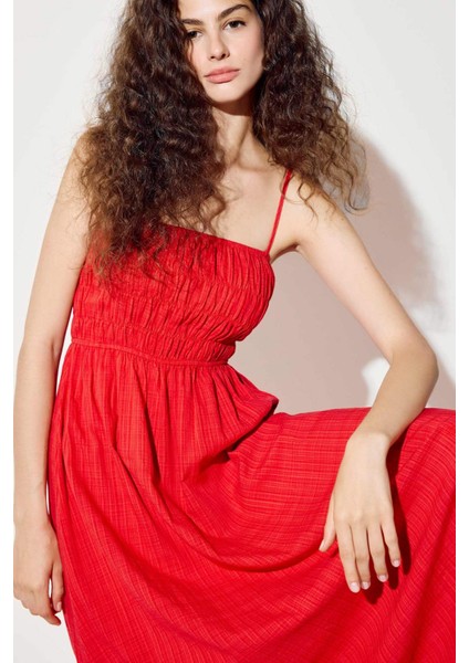 Keten Görünümlü Askılı Kırmızı Maxi Elbise C9236AX25HS