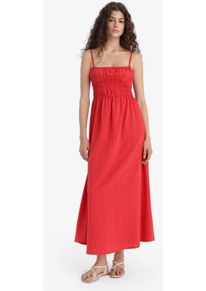 Keten Görünümlü Askılı Kırmızı Maxi Elbise C9236AX25HS