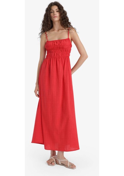 Keten Görünümlü Askılı Kırmızı Maxi Elbise C9236AX25HS
