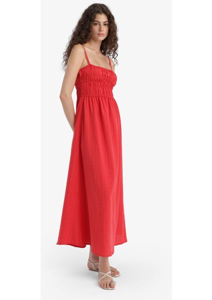 Keten Görünümlü Askılı Kırmızı Maxi Elbise C9236AX25HS