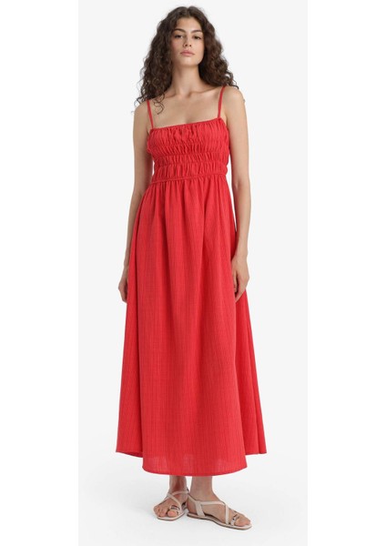 Keten Görünümlü Askılı Kırmızı Maxi Elbise C9236AX25HS