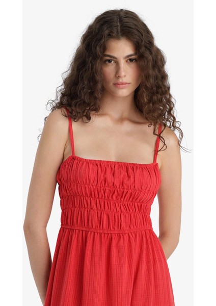 Keten Görünümlü Askılı Kırmızı Maxi Elbise C9236AX25HS