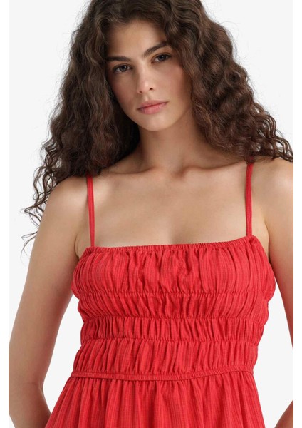 Keten Görünümlü Askılı Kırmızı Maxi Elbise C9236AX25HS