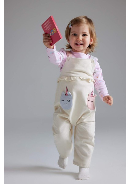 Kız Bebek 2'li Takım Unicorn Baskılı Sweatshirt Salopet Tulum E0487A525SP