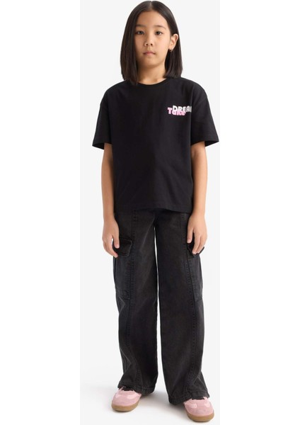 Kız Çocuk Relax Fit Sırt Baskılı Bisiklet Yaka Kısa Kollu Tişört E0354A825SM