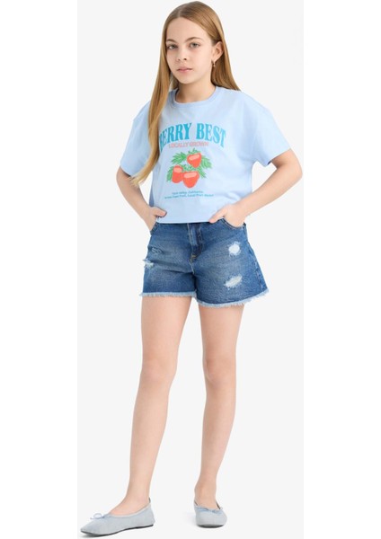 Kız Çocuk Bisiklet Yaka Baskılı Kısa Kollu Tişört E0384A825SM