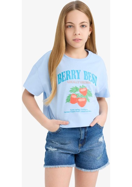 Kız Çocuk Bisiklet Yaka Baskılı Kısa Kollu Tişört E0384A825SM