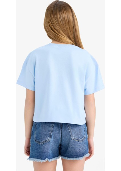 Kız Çocuk Bisiklet Yaka Baskılı Kısa Kollu Tişört E0384A825SM