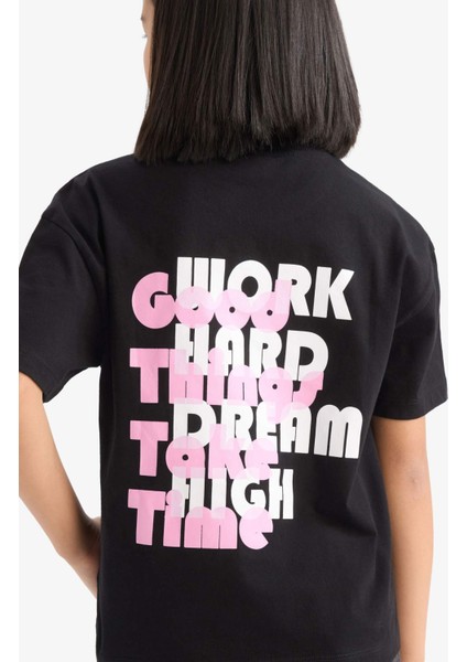 Kız Çocuk Relax Fit Sırt Baskılı Bisiklet Yaka Kısa Kollu Tişört E0354A825SM