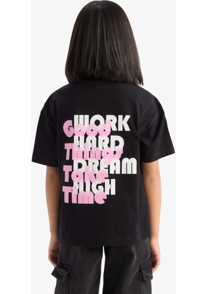 Kız Çocuk Relax Fit Sırt Baskılı Bisiklet Yaka Kısa Kollu Tişört E0354A825SM