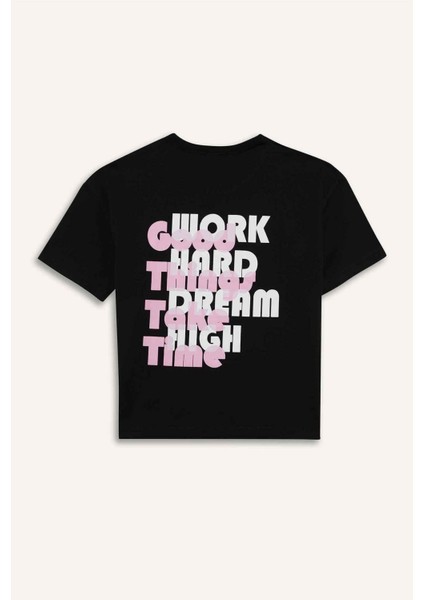 Kız Çocuk Relax Fit Sırt Baskılı Bisiklet Yaka Kısa Kollu Tişört E0354A825SM