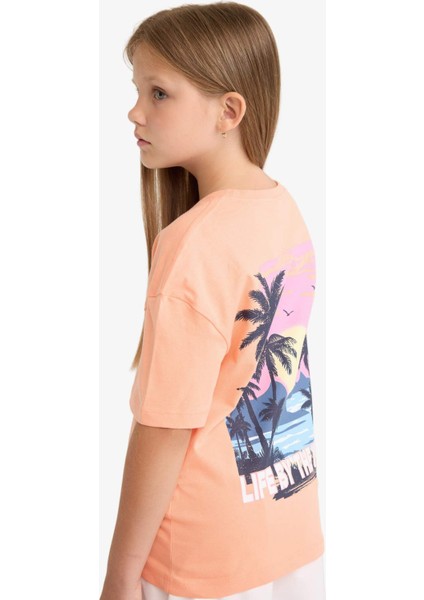 Kız Çocuk Relax Fit Bisiklet Yaka Sırt Baskılı Kısa Kollu Tişört E0354A825SM