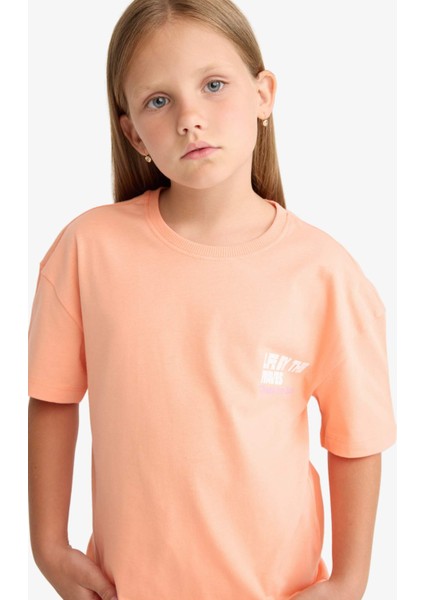 Kız Çocuk Relax Fit Bisiklet Yaka Sırt Baskılı Kısa Kollu Tişört E0354A825SM