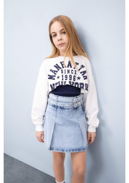 Kız Çocuk Crop Bisiklet Yaka Baskılı Sweatshirt D9919A825SP