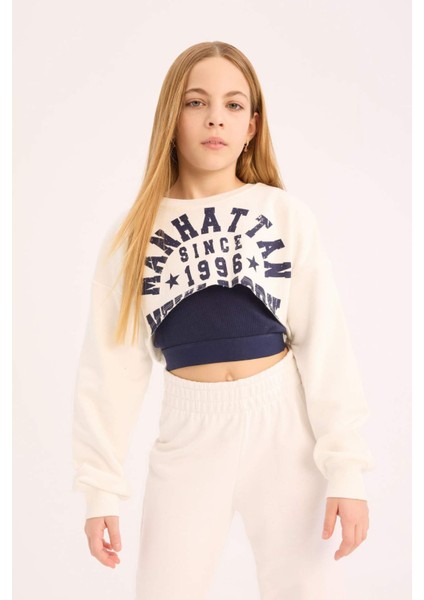Kız Çocuk Crop Bisiklet Yaka Baskılı Sweatshirt D9919A825SP