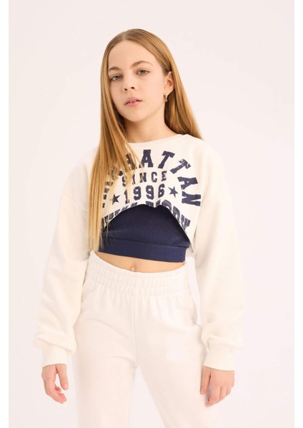 Kız Çocuk Crop Bisiklet Yaka Baskılı Sweatshirt D9919A825SP