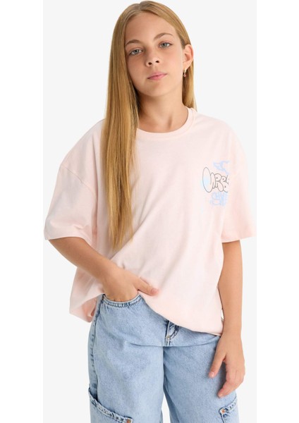 Kız Çocuk Oversize Geniş Kalıp Bisiklet Yaka Sırt Baskılı Kısa Kollu Tişört E0357A825SM