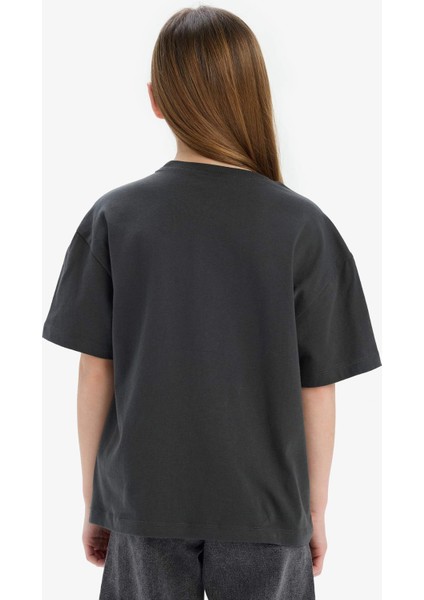 Kız Çocuk Oversize Geniş Kalıp Bisiklet Yaka Baskılı Kısa Kollu Tişört E0356A825SM