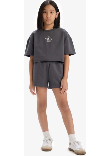 Kız Çocuk 2'li Takım Baskılı Kısa Kollu Tişört Şort E0730A825SM