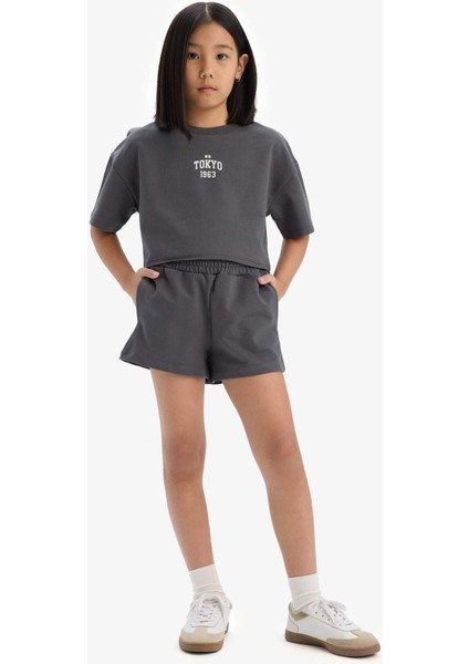 Kız Çocuk 2'li Takım Baskılı Kısa Kollu Tişört Şort E0730A825SM