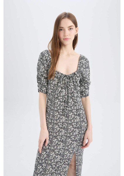 Bodycon Vücudu Saran Kare Yaka Çiçek Desenli Yırtmaçlı Bürümcük Yarım Kol Midi Elbise Z5262AZ25SP