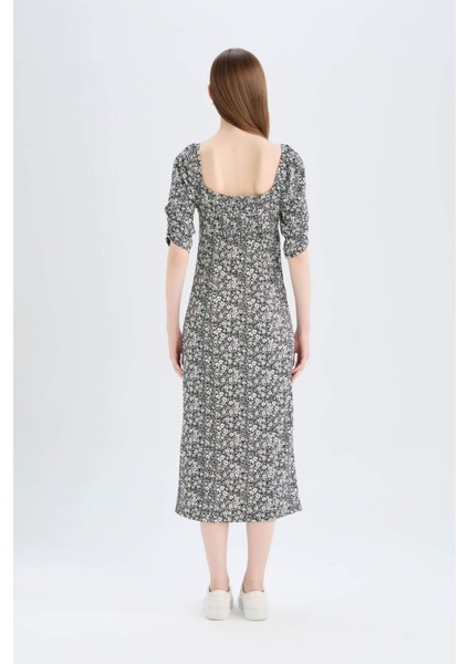 Bodycon Vücudu Saran Kare Yaka Çiçek Desenli Yırtmaçlı Bürümcük Yarım Kol Midi Elbise Z5262AZ25SP