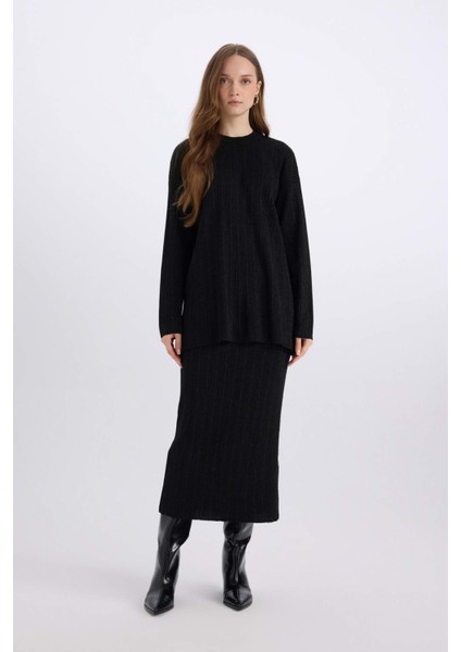 Relax Fit Bisiklet Yaka Basic Düz Triko Kazak Tunik