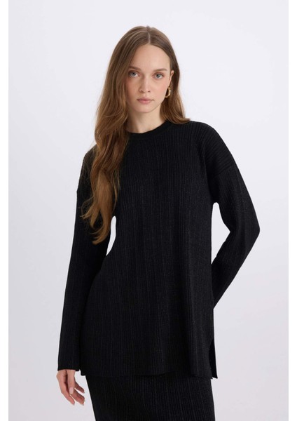 Relax Fit Bisiklet Yaka Basic Düz Triko Kazak Tunik