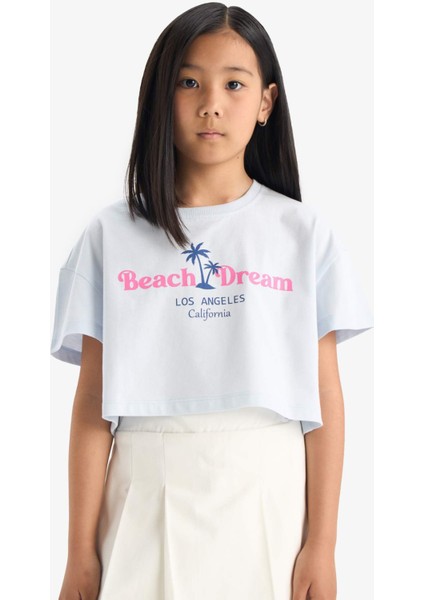 Kız Çocuk Crop Bisiklet Yaka Baskılı Kısa Kollu Tişört E0385A825SM