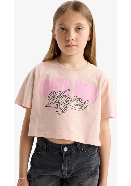 Kız Çocuk Crop Bisiklet Yaka Baskılı Kısa Kollu Tişört E0385A825SM