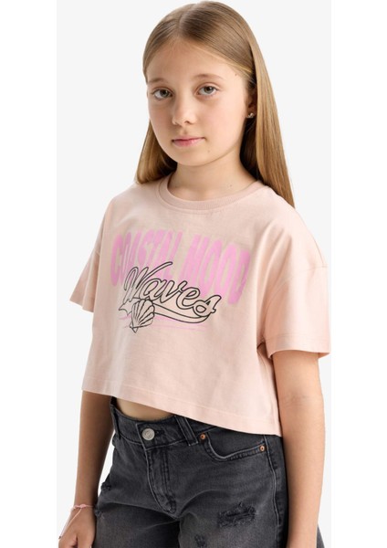 Kız Çocuk Crop Bisiklet Yaka Baskılı Kısa Kollu Tişört E0385A825SM