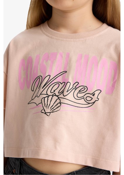 Kız Çocuk Crop Bisiklet Yaka Baskılı Kısa Kollu Tişört E0385A825SM