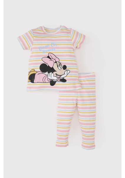Kız Bebek Disney Mickey & Minnie Pijama Takımı Fitilli Kaşkorse Kısa Kollu Üst Beli Lastikli Uzun Alt E0767A525SM