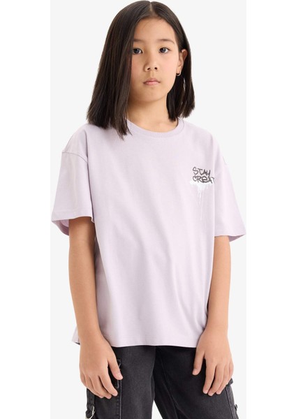 Kız Çocuk Oversize Geniş Kalıp Bisiklet Yaka Sırt Baskılı Kısa Kollu Tişört E0357A825SM