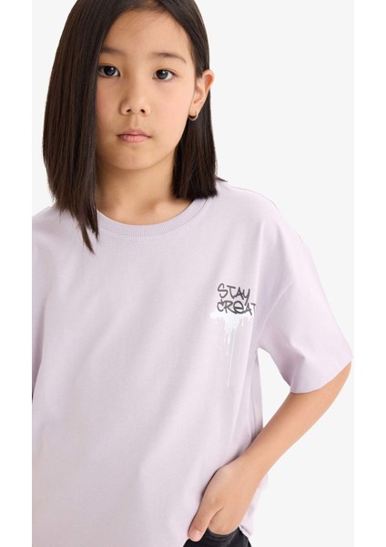 Kız Çocuk Oversize Geniş Kalıp Bisiklet Yaka Sırt Baskılı Kısa Kollu Tişört E0357A825SM