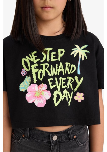 Kız Çocuk Crop Bisiklet Yaka Baskılı Kısa Kollu Tişört E0388A825SM