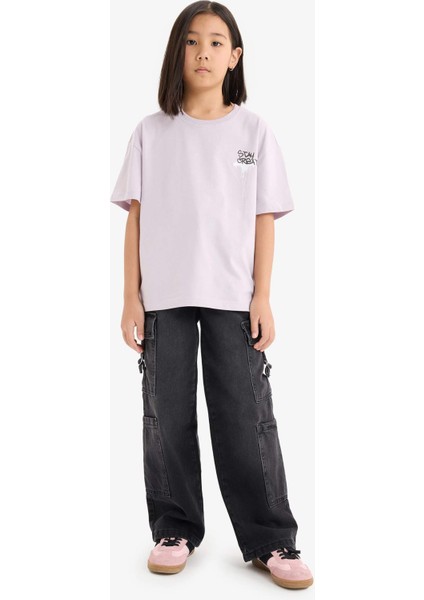 Kız Çocuk Oversize Geniş Kalıp Bisiklet Yaka Sırt Baskılı Kısa Kollu Tişört E0357A825SM