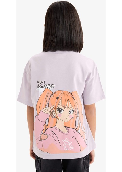 Kız Çocuk Oversize Geniş Kalıp Bisiklet Yaka Sırt Baskılı Kısa Kollu Tişört E0357A825SM