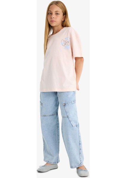 Kız Çocuk Oversize Geniş Kalıp Bisiklet Yaka Sırt Baskılı Kısa Kollu Tişört E0357A825SM