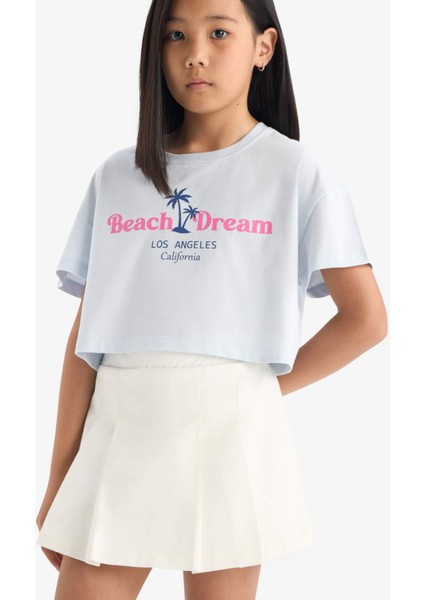 Kız Çocuk Crop Bisiklet Yaka Baskılı Kısa Kollu Tişört E0385A825SM