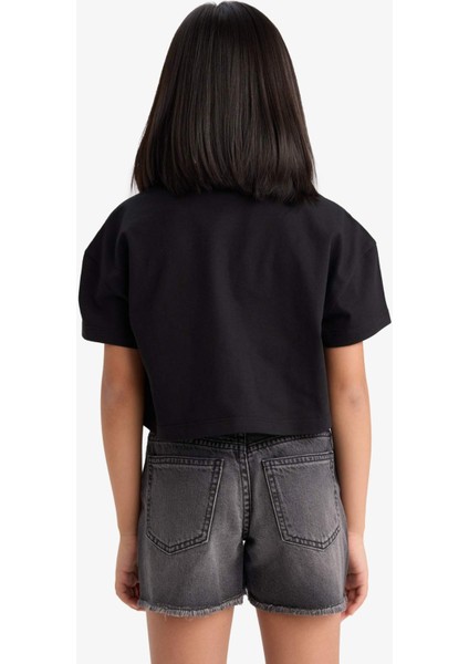 Kız Çocuk Crop Bisiklet Yaka Baskılı Kısa Kollu Tişört E0388A825SM